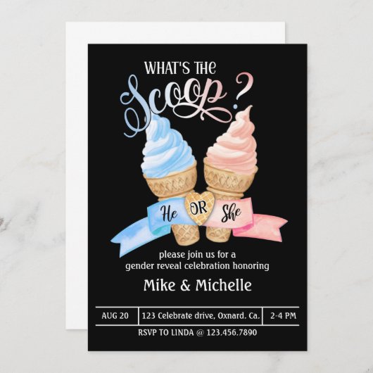 ジェンダーがパーティーを明らかにする、スクープとは何か 招待状 (正面/裏面)