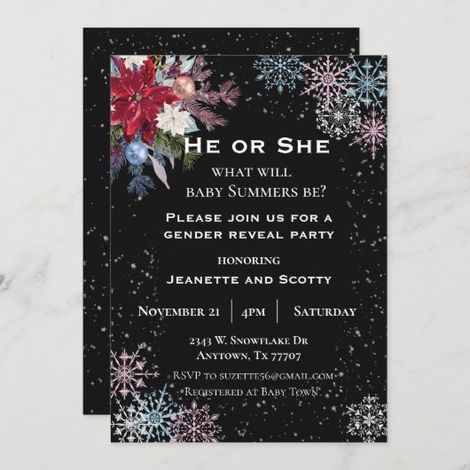 ジェンダーがパーティー冬の雪片ポインセチアを明らかにする 招待状 (正面/裏面)