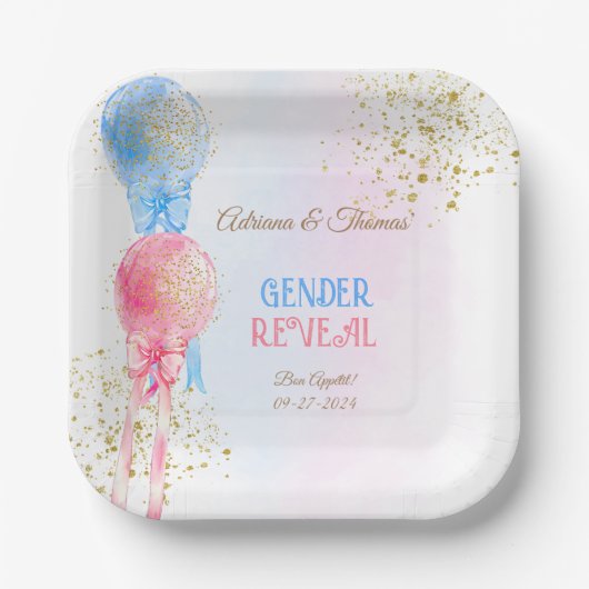 ジェンダーがピンクと青の風船を明らかにする ペーパープレート (正面)
