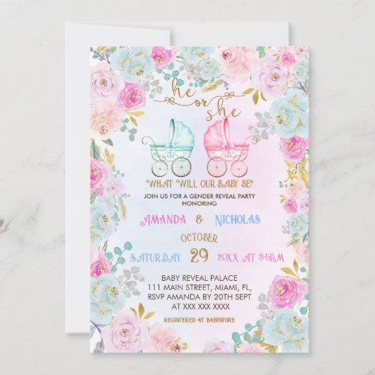 ジェンダーがピンクの青いベビーシャワーを明らかにする 招待状 (正面)