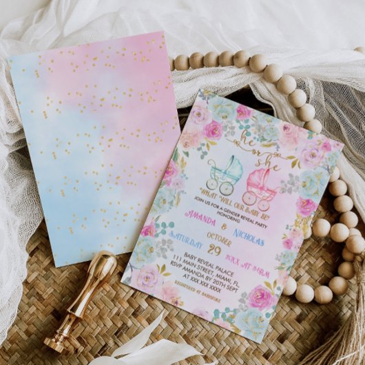 ジェンダーがピンクの青いベビーシャワーを明らかにする 招待状