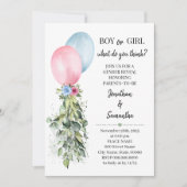 ジェンダーがピンクの青い風船ユーカリを明らかにする 招待状 (正面)