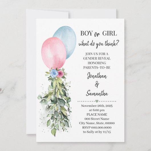 ジェンダーがピンクの青い風船ユーカリを明らかにする 招待状 (正面)