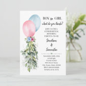 ジェンダーがピンクの青い風船ユーカリを明らかにする 招待状 (スタンド正面)