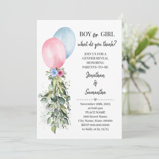 ジェンダーがピンクの青い風船ユーカリを明らかにする 招待状 (スタンド正面)