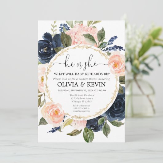 ジェンダーがピンク色の青いフローラの水色を明らかにする 招待状 (スタンド正面)