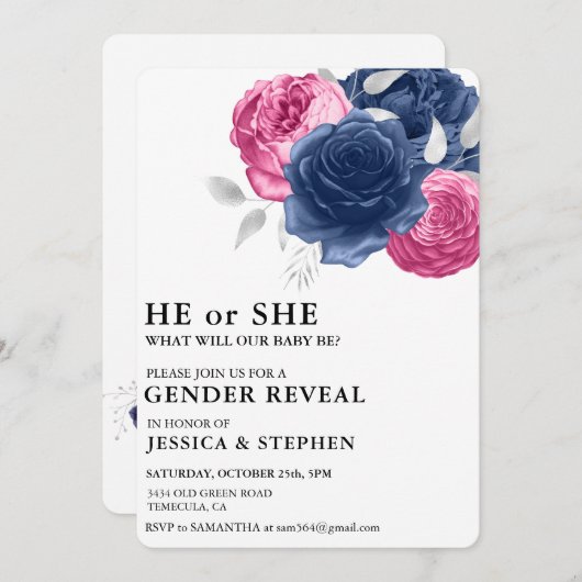 ジェンダーがピンク色の青いフローラの花を表示 招待状 (正面/裏面)