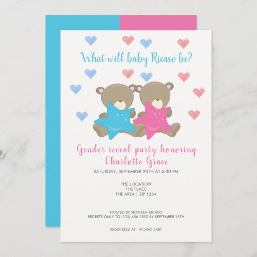 ジェンダーがベビーのベビーシャワーを明らかにする 招待状 (正面/裏面)