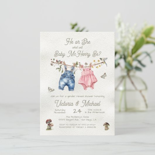 ジェンダーがワイルドフラワーボホの赤ちゃんシャワーを明らかにする 招待状 (スタンド正面)