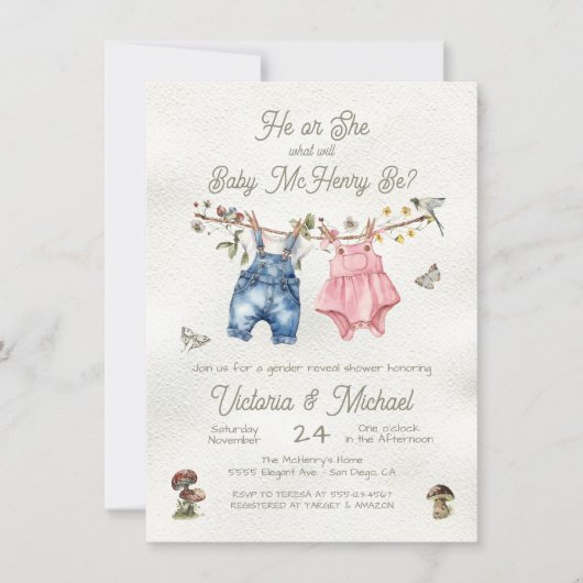 ジェンダーがワイルドフラワーボホの赤ちゃんシャワーを明らかにする 招待状 (正面)
