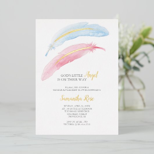 ジェンダーが水の色を明らかにする赤ちゃんシャワー 箔招待状 (立ち正面)