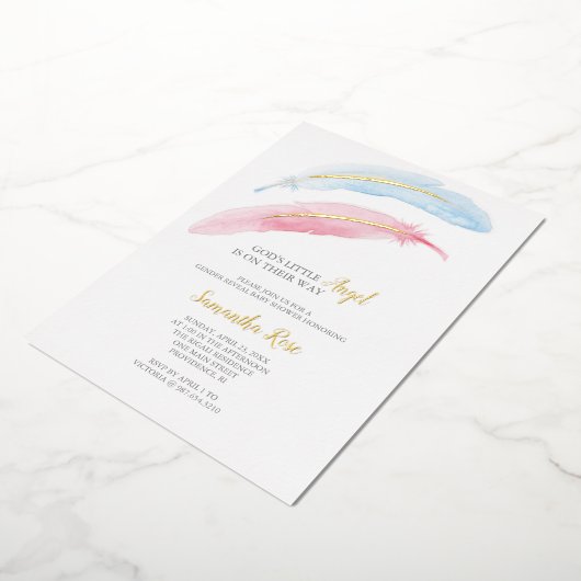 ジェンダーが水の色を明らかにする赤ちゃんシャワー 箔招待状 (回転した状態)