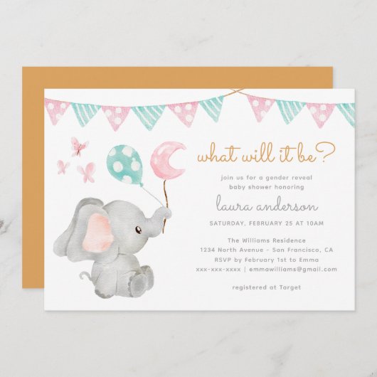 ジェンダーが象の赤ちゃんシャワーを明らかにする 招待状 (正面/裏面)