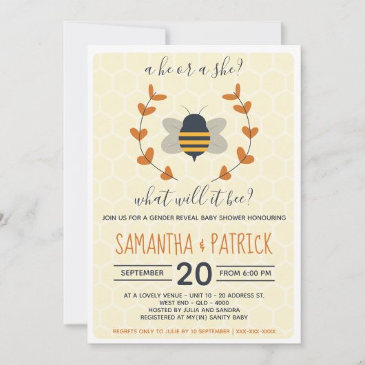 ジェンダーが赤ちゃんのシャワーを明らかにする 招待状 (正面)