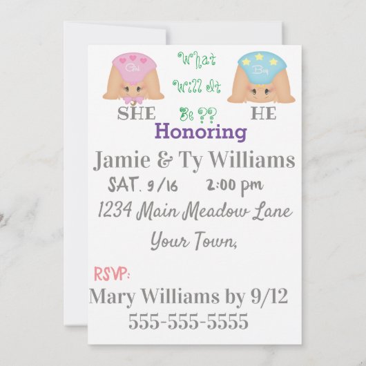 ジェンダーが赤ちゃんシャワーのフラットカードを明らかにする (裏面)