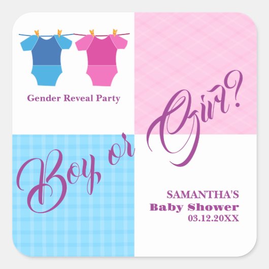 ジェンダーが赤ちゃんシャワーの男の子または女の子を明らかにする？ガールボーイ。 スクエアシール (正面)