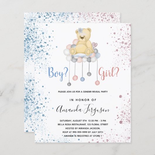 ジェンダーが赤ちゃんシャワーを明かすテディベア青ピンク (正面/裏面)