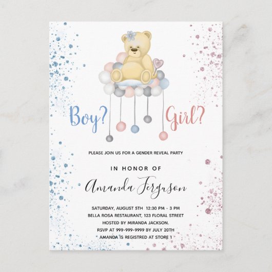 ジェンダーが赤ちゃんシャワーを明かすテディベア青ピンク インビテーションポストカード (正面)