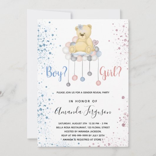 ジェンダーが赤ちゃんシャワーを明かすテディベア青ピンク 招待状 (正面)