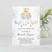 ジェンダーが赤ちゃんシャワーを明かすテディベア青ピンク 招待状 (スタンド正面)