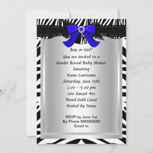 ジェンダーが赤ちゃんシャワーを明らかにするゼブラブルーベビー靴 招待状 (裏面)