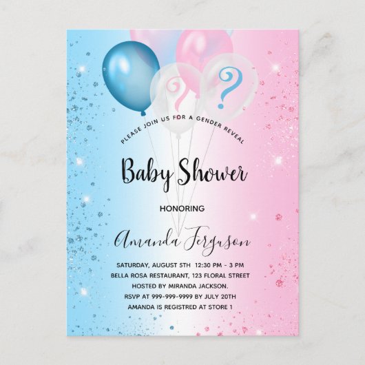 ジェンダーが赤ちゃんシャワーピンクの青い男の子の女の子を明かす インビテーションポストカード (正面)