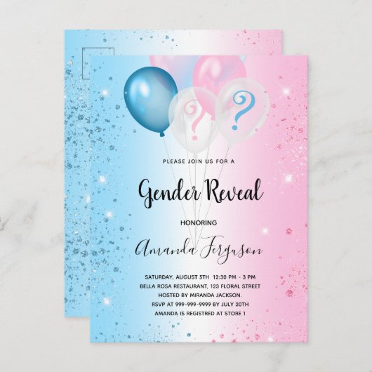ジェンダーが赤ちゃんシャワーピンクの青い男の子の女の子を明かす インビテーションポストカード (正面/裏面)