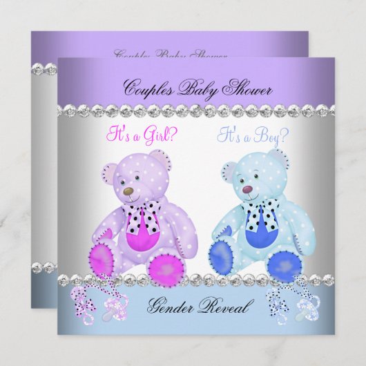 ジェンダーが赤ちゃんシャワー紫ブルーテディベア 招待状 (正面/裏面)