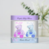 ジェンダーが赤ちゃんシャワー紫ブルーテディベア 招待状 (スタンド正面)