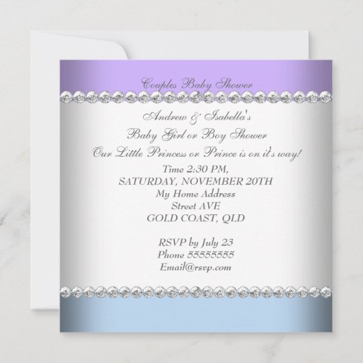 ジェンダーが赤ちゃんシャワー紫ブルーテディベア 招待状 (裏面)