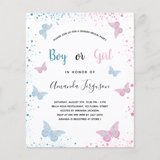 ジェンダーが赤ちゃんシャワー蝶の予算を明らかにする チラシ (正面)