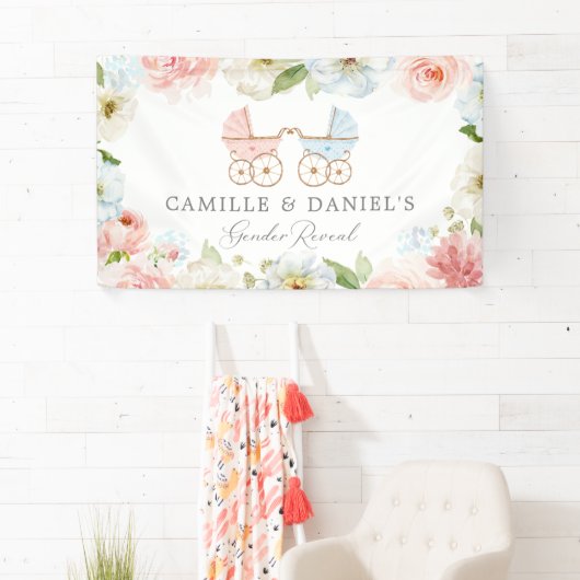 ジェンダーが赤ちゃんシャワー青とピンクのフローラを明らかにする 横断幕 (インサイチュ)