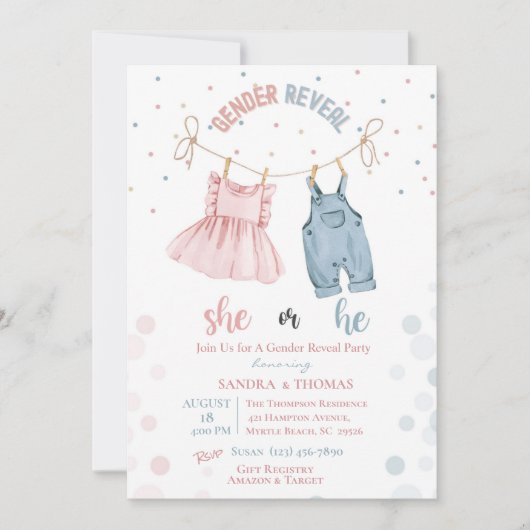 ジェンダーが赤ちゃん服を明らかにするパーティの招待状 招待状 (正面)
