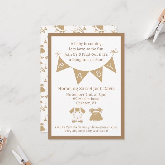 ジェンダーが赤ちゃん男女兼用のシャワーを明かす 招待状 (正面/裏面インサイチュ)