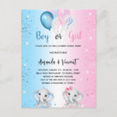 ジェンダーが青いピンクの男の子のゾウを明らかにする インビテーションポストカード (正面)