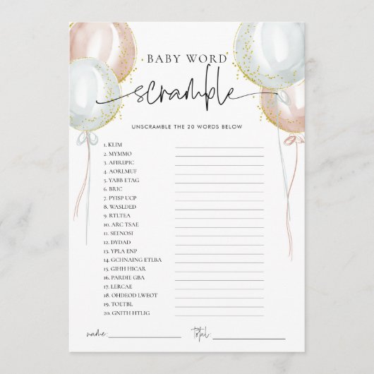 ジェンダーのリビールワードスクランブルベビーシャワーゲームカード アドバイスカード (正面)