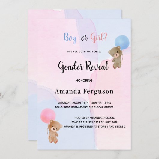 ジェンダーはテディベアのピンク色の少年の女の子を明かす 招待状 (正面/裏面)