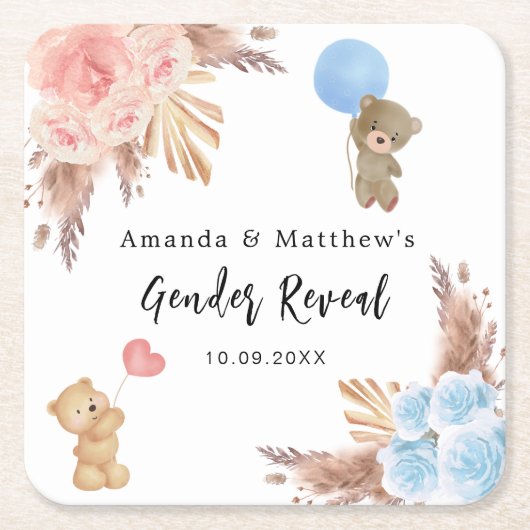 ジェンダーはパーティーパンパステディベア男の子を明かす スクエアペーパーコースター (正面)