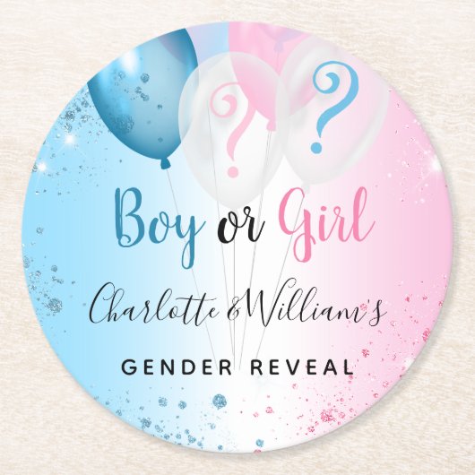 ジェンダーはパーティーピンクの青い男の子のバルーンを明らかにする ラウンドペーパーコースター (正面)