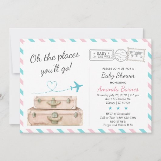 ジェンダーは中立旅行赤ちゃんシャワー散水を明らかにする 招待状 (正面)