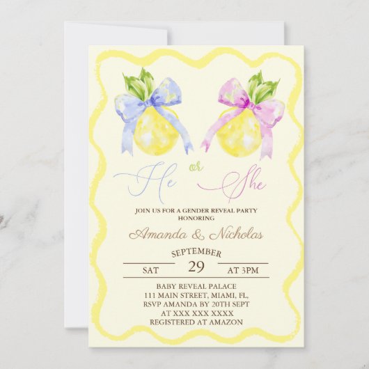 ジェンダーは彼または彼女ピンクのブルーボウレモンを明らかにする 招待状 (正面)