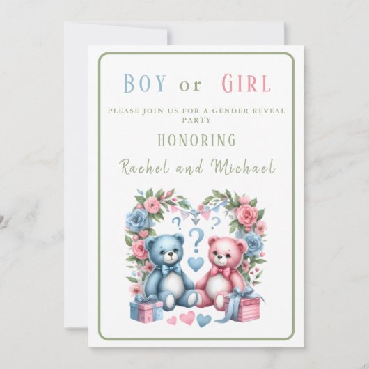 ジェンダーは赤ちゃんシャワーを明らかにするテディベア青ピンク 招待状 (正面)