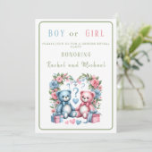 ジェンダーは赤ちゃんシャワーを明らかにするテディベア青ピンク 招待状 (スタンド正面)
