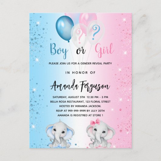 ジェンダーは赤ちゃんシャワー青ピンクの男の子の女の子を明かす インビテーションポストカード (正面)