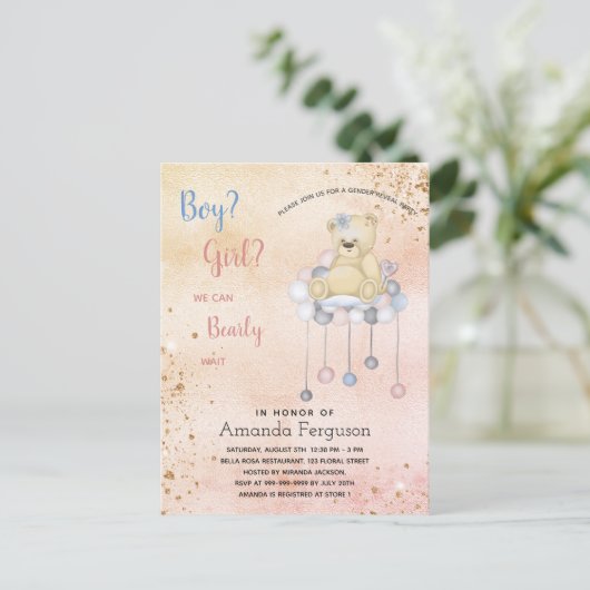 ジェンダーは赤ちゃんシャワーteddyベアー男の子の子を明らかにする インビテーションポストカード (スタンド正面)