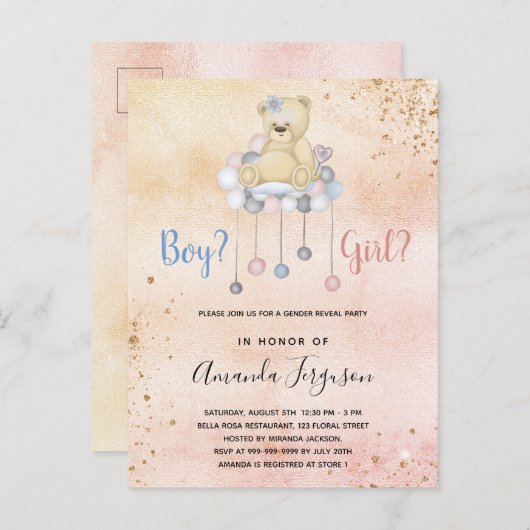 ジェンダーは赤ちゃんシャワーteddyベアー男の子の子を明らかにする インビテーションポストカード (正面/裏面)