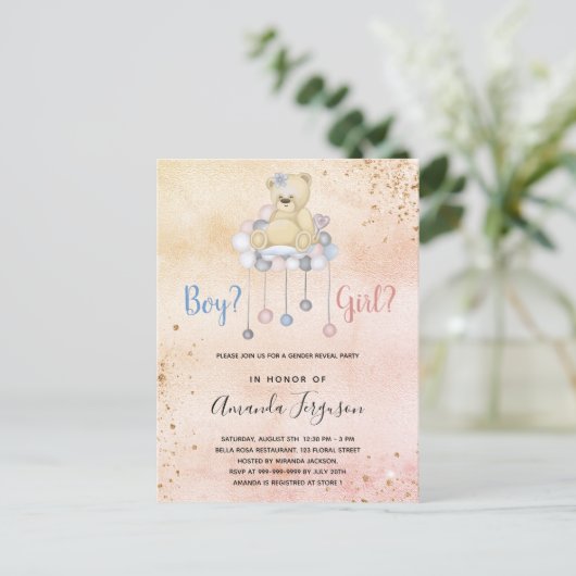 ジェンダーは赤ちゃんシャワーteddyベアー男の子の子を明らかにする インビテーションポストカード (スタンド正面)