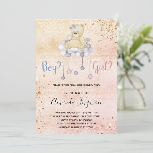 ジェンダーは赤ちゃんシャワーteddyベアー男の子の子を明らかにする 招待状 (スタンド正面)