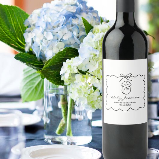 ジェンダーニュートラルでかわいい赤ちゃんとリボンのモダンなベビーシャワー ワインラベル