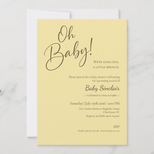 ジェンダーニュートラルなベビーシャワー招待状「Oh Baby」 招待状 (正面)